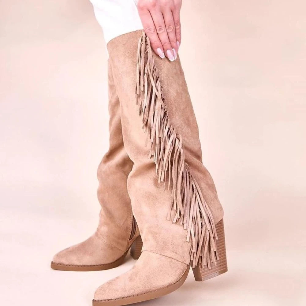 Beige Suede Fringe Cowboy Boots