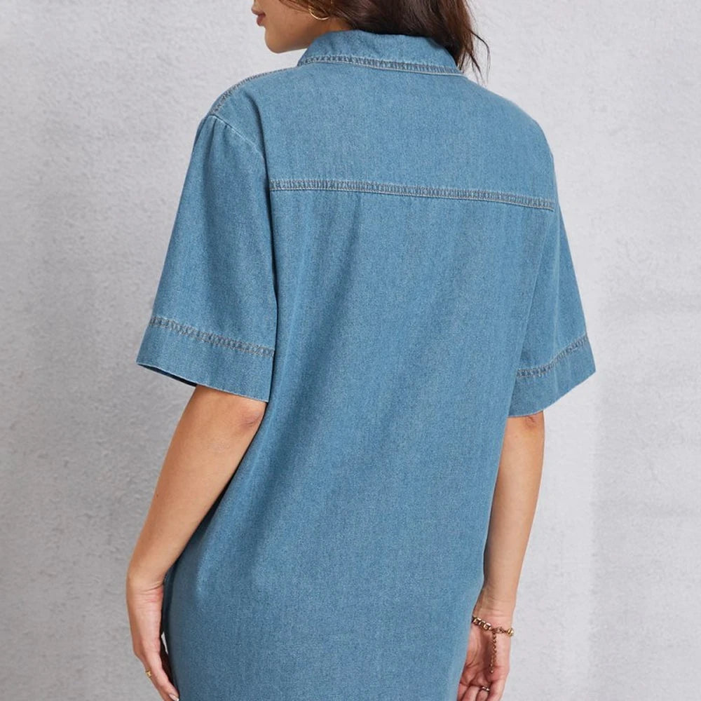 Denim Pocketed Mini Dress with Collar