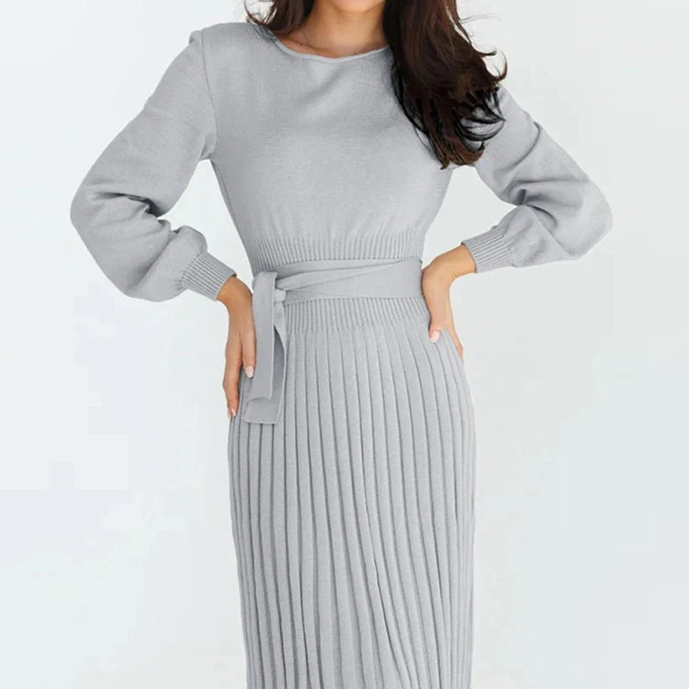 Round Neck Long Sleeve Sweater Dress
