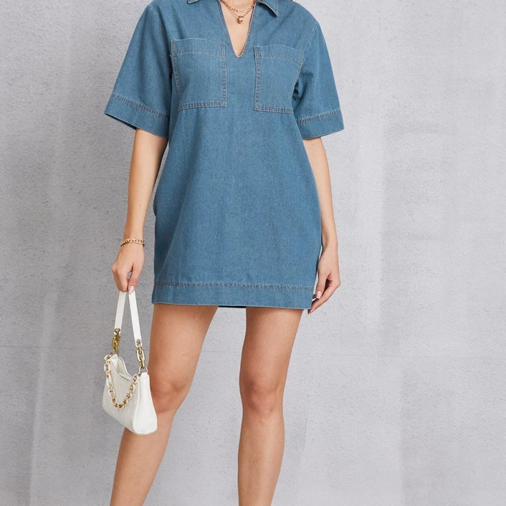 Denim Pocketed Mini Dress with Collar