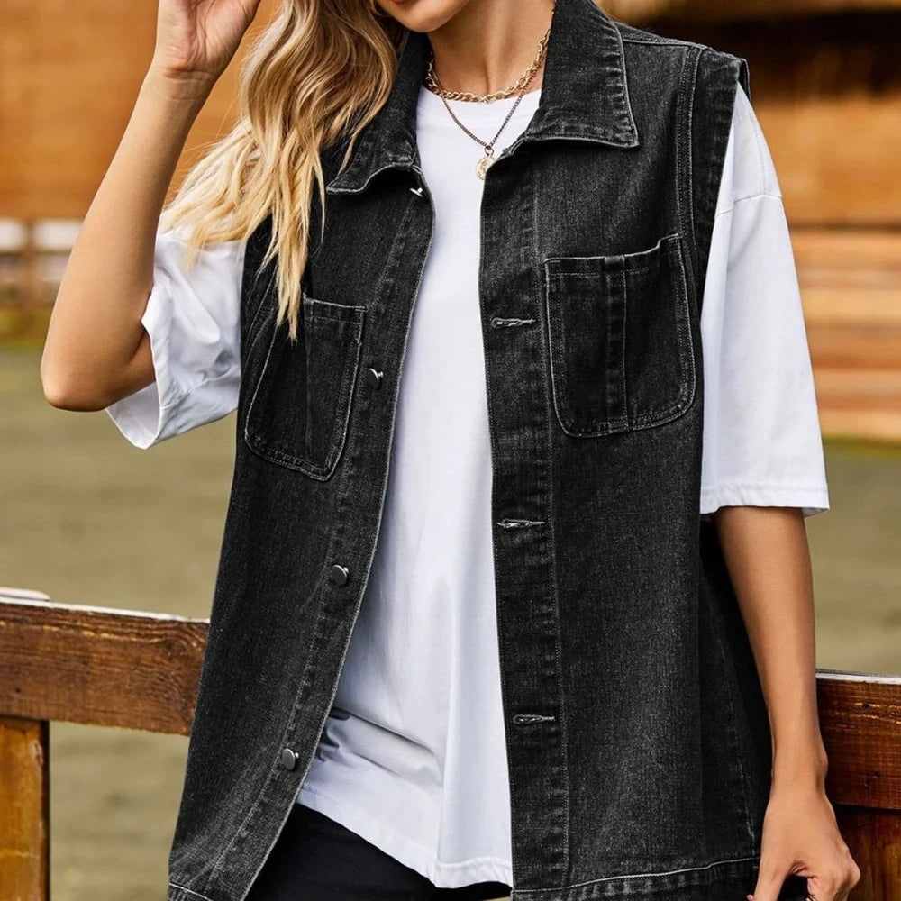Sleeveless Collared Denim Vest