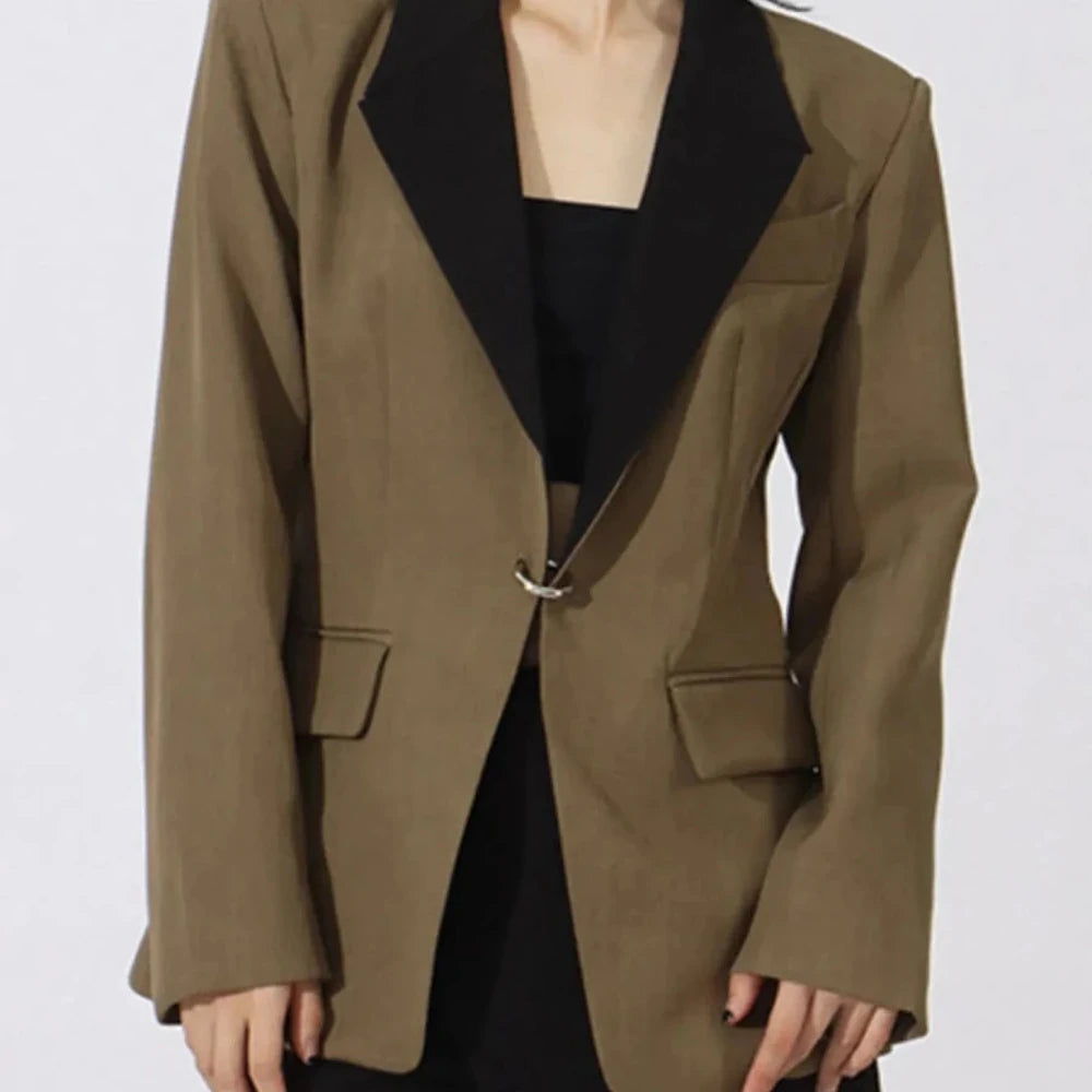 Contrast Lapel Collar Long Sleeve Blazer