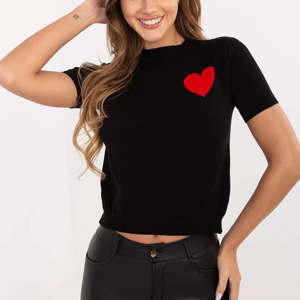 Short Sleeve Sweater with Heart Print