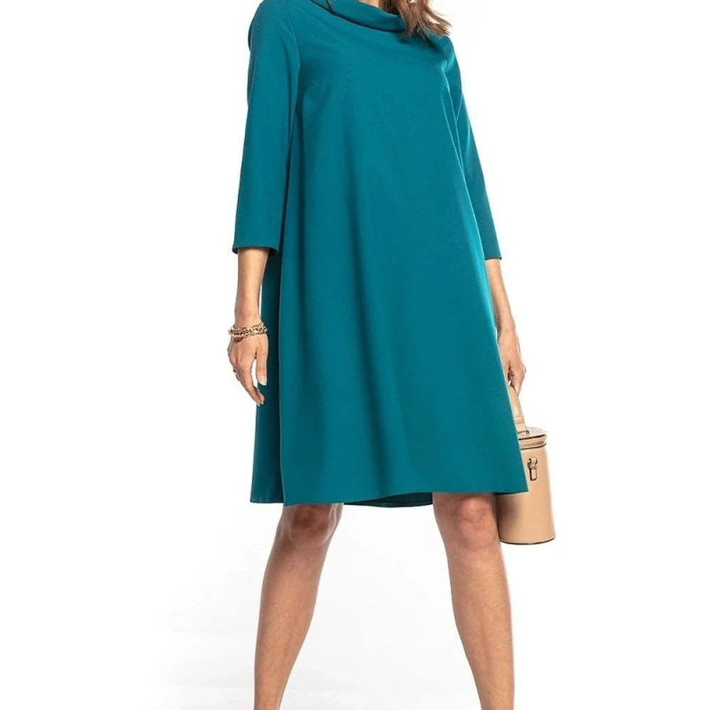 Trapeze Midi Dress 3/4 Sleeve Folded Collar
