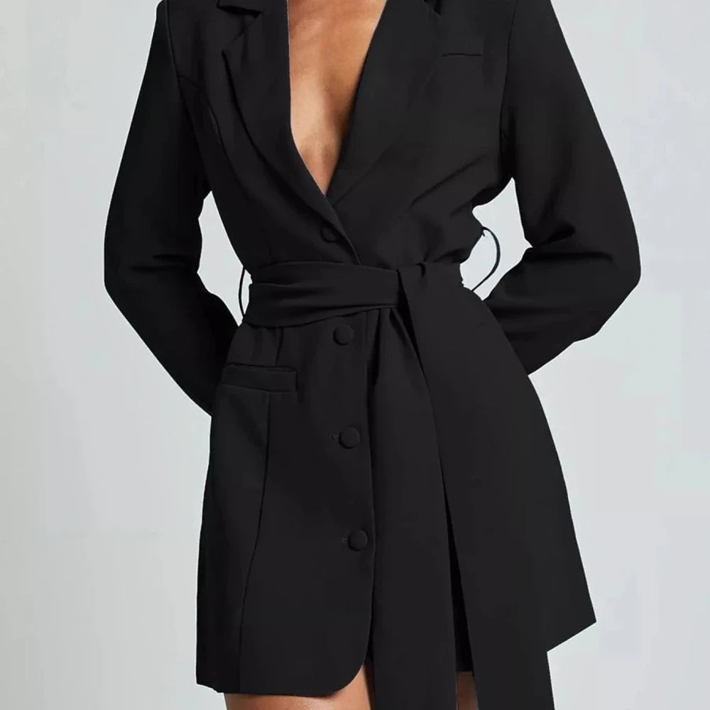 Lapel Collar Tie Waist Blazer