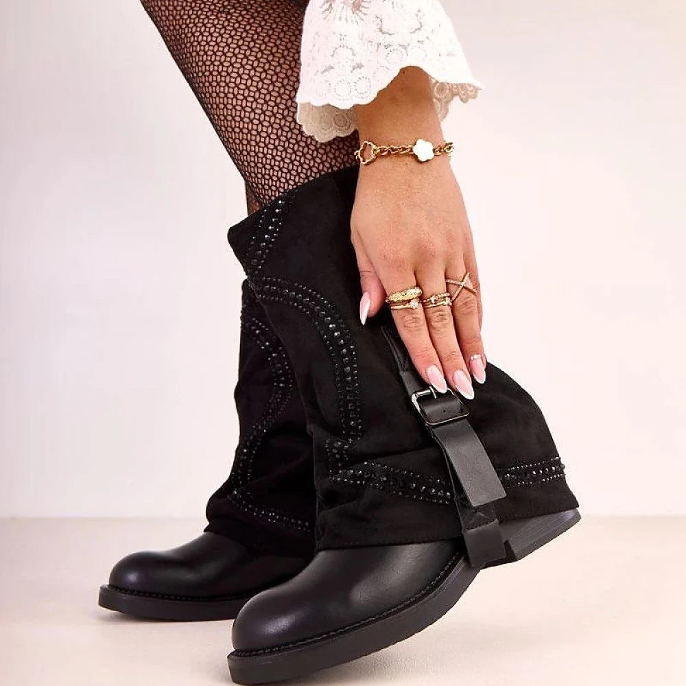 Faux Suede Thigh-High Boots with Zircons