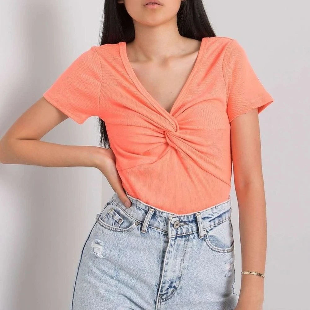 Ribbed Knot Blouse with Heart Neckline