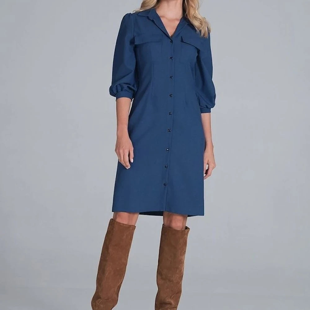 Midi Shirt Dress with Collar and 3/4 Sleeves