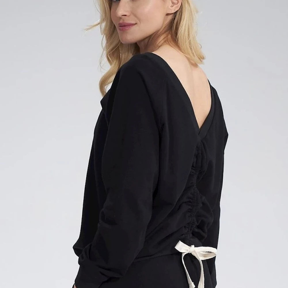 Cotton Ribbed Hem Sweatshirt with Tie Back
