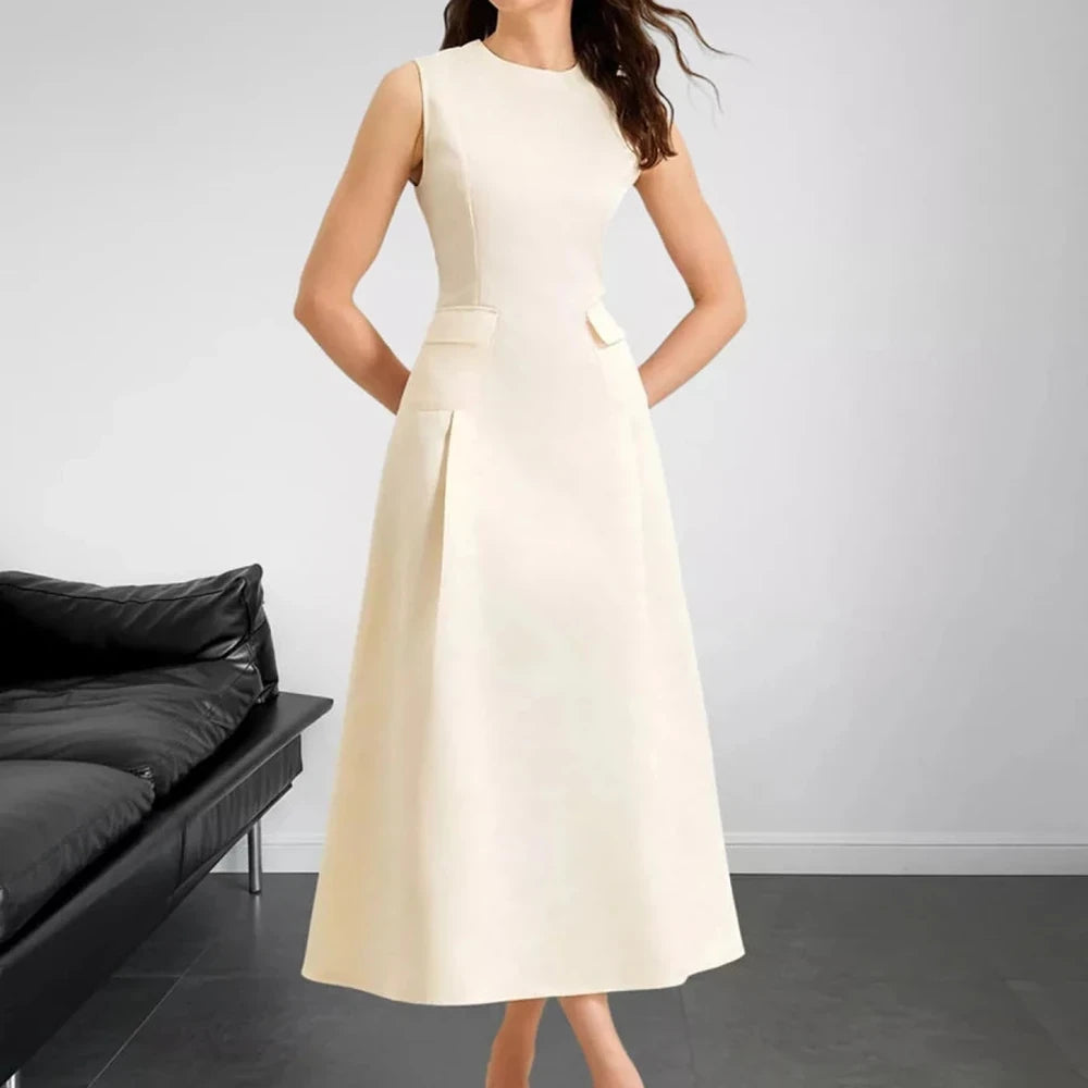 Sleeveless A-Line Midi Dress with Pockets