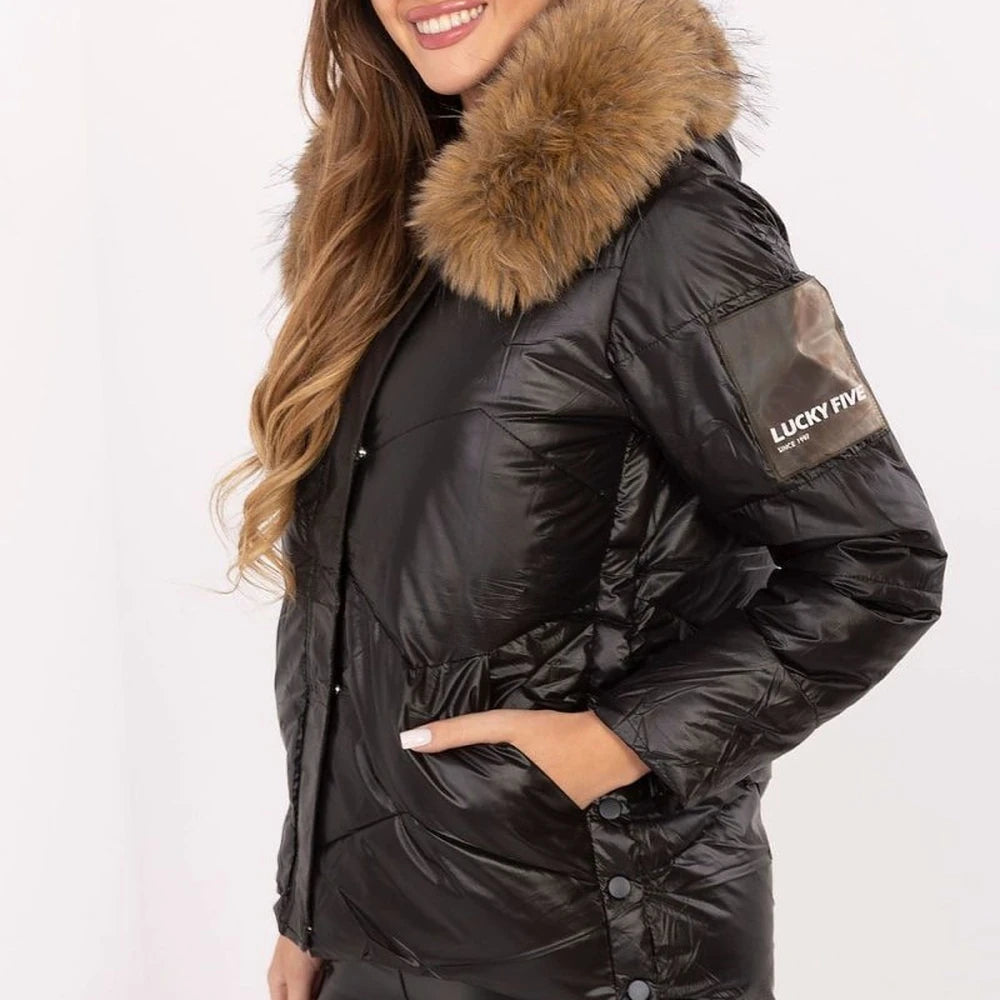 Women's Quilted Down Jacket with Detachable Fur Hood