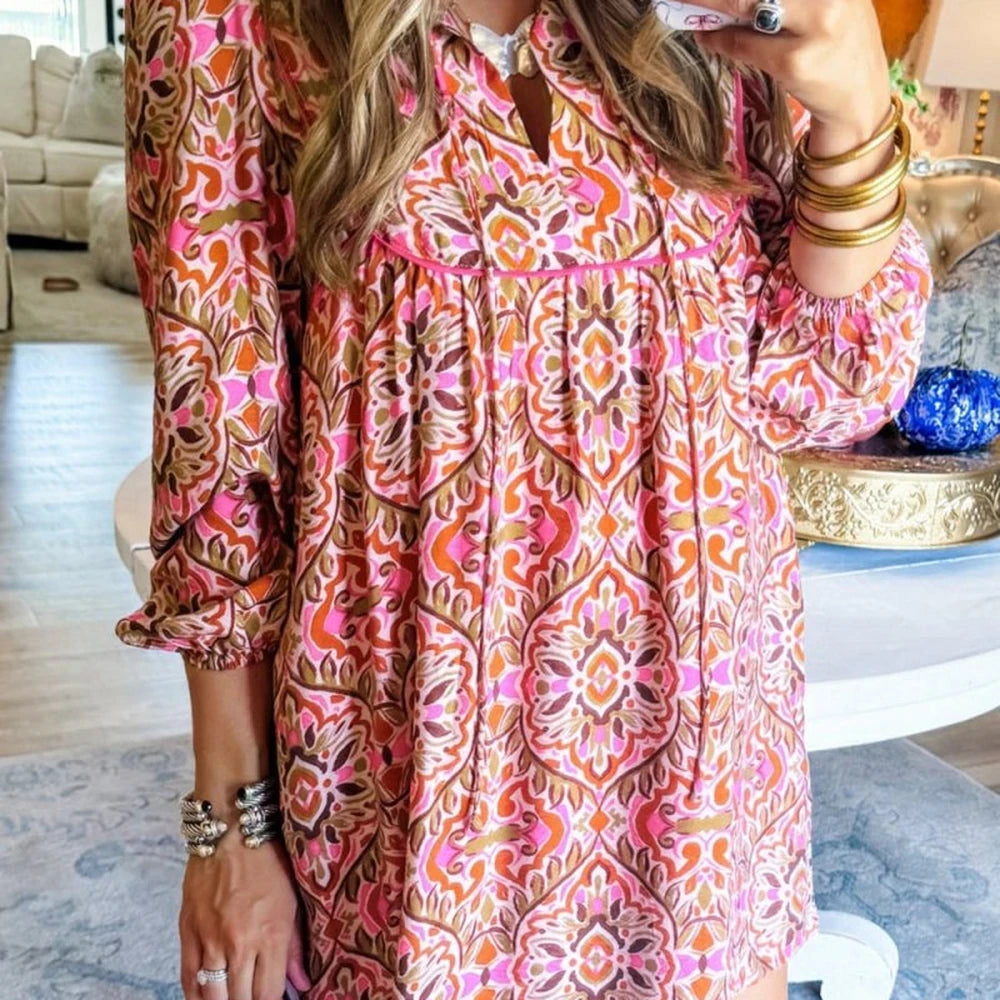 Floral Ruffle Sleeve Mini Dress with Tie Neck