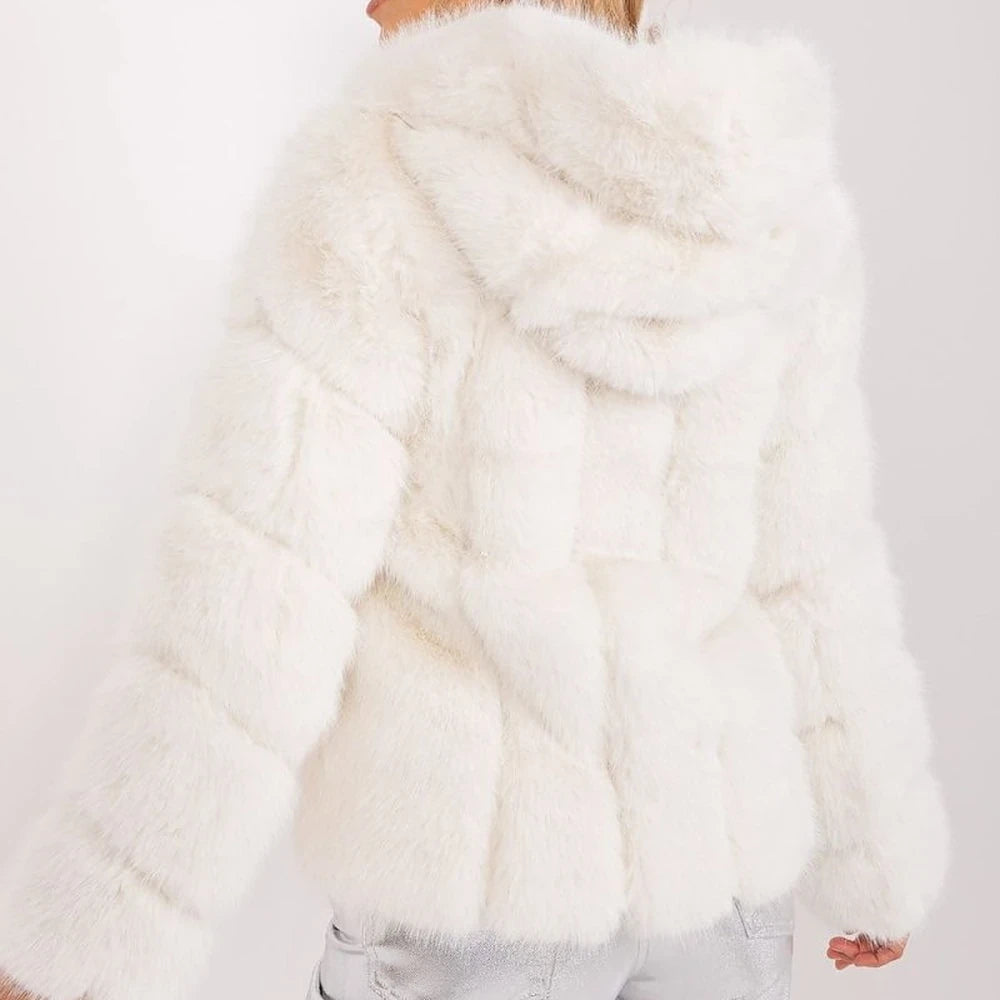 Women's Fur Hooded Jacket with Hook-and-Loop Closure