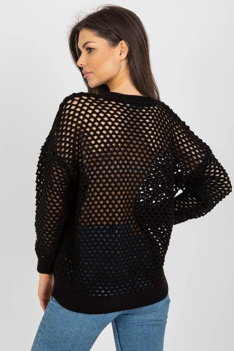 Black fishnet knit sweater with relaxed fit, showing texture and open weave detail.