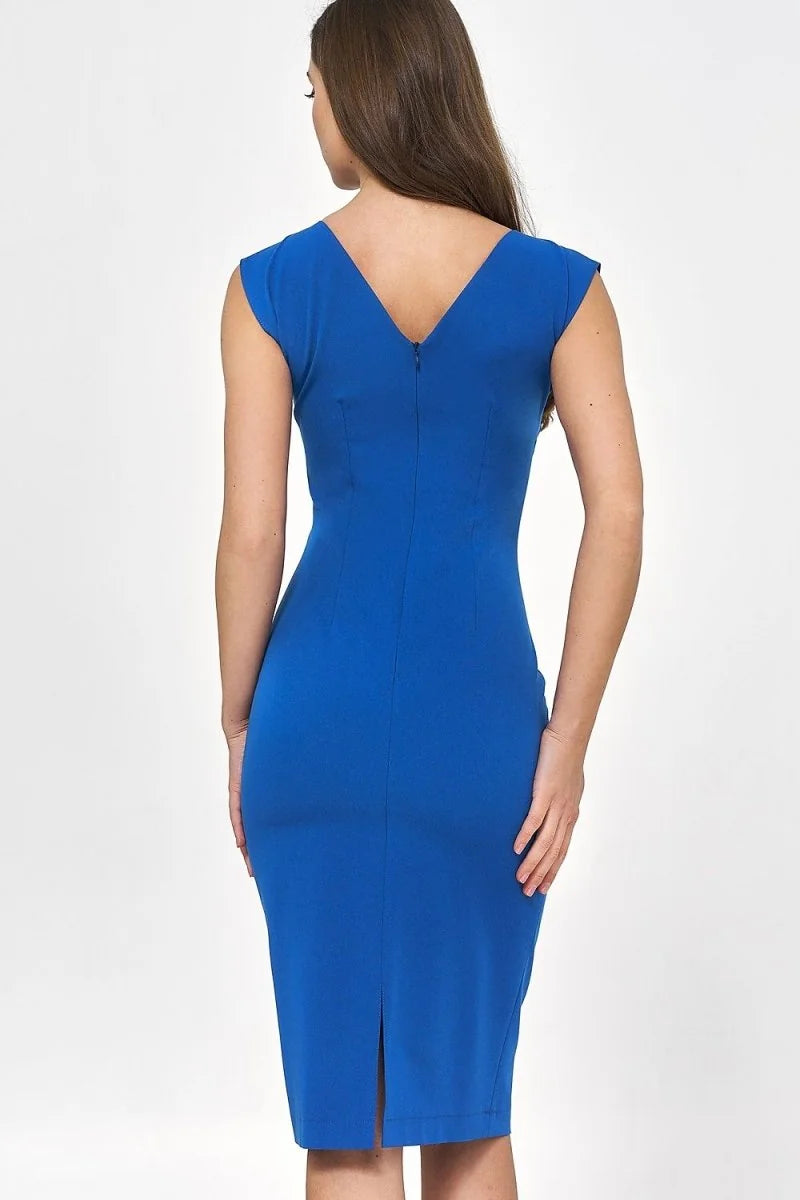 Fitted royal blue V-neck sheath dress with cap sleeves and back zipper, shown from the back.