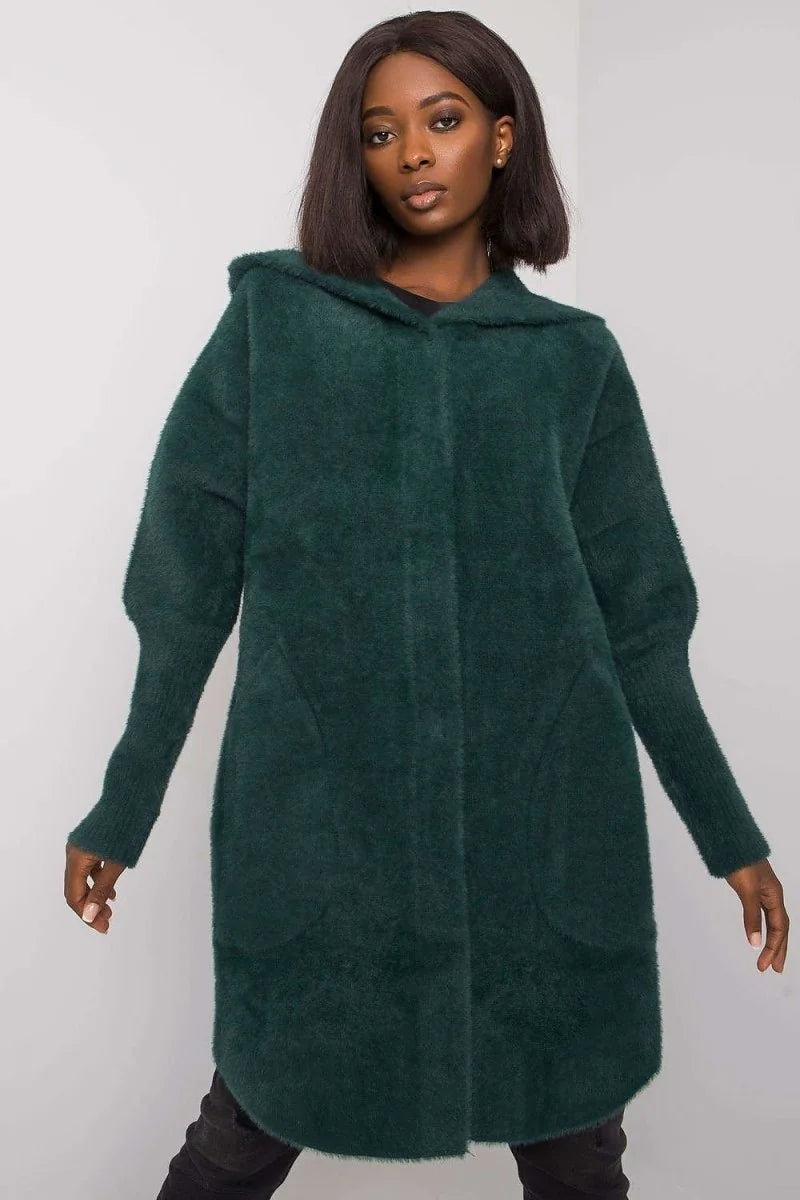 A dark green fuzzy hooded cardigan with long sleeves and pockets, shown on a model.