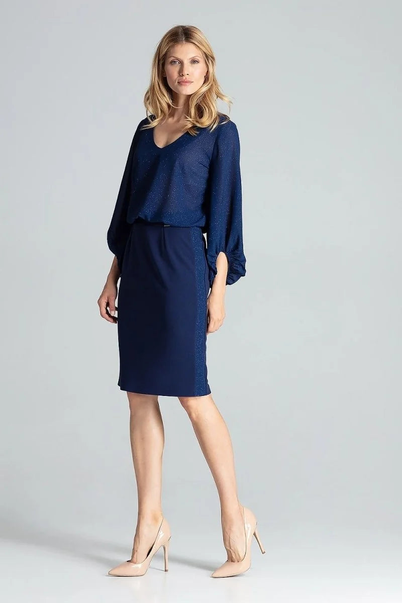 Navy blue dress with subtle sparkle, V-neck, long balloon sleeves, and a fitted pencil skirt.