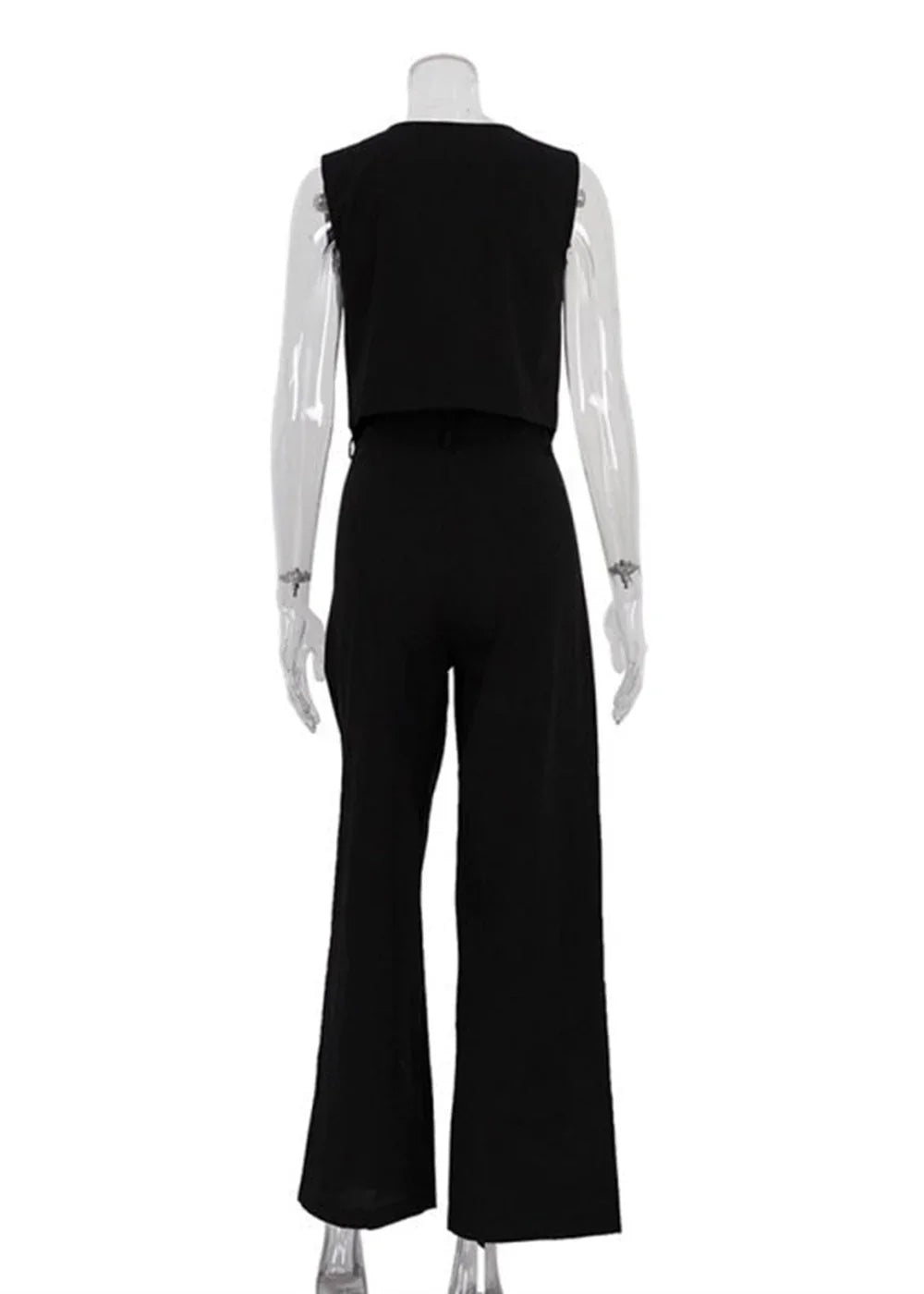 Back view of a black sleeveless crop top jumpsuit with wide-leg pants on a mannequin.