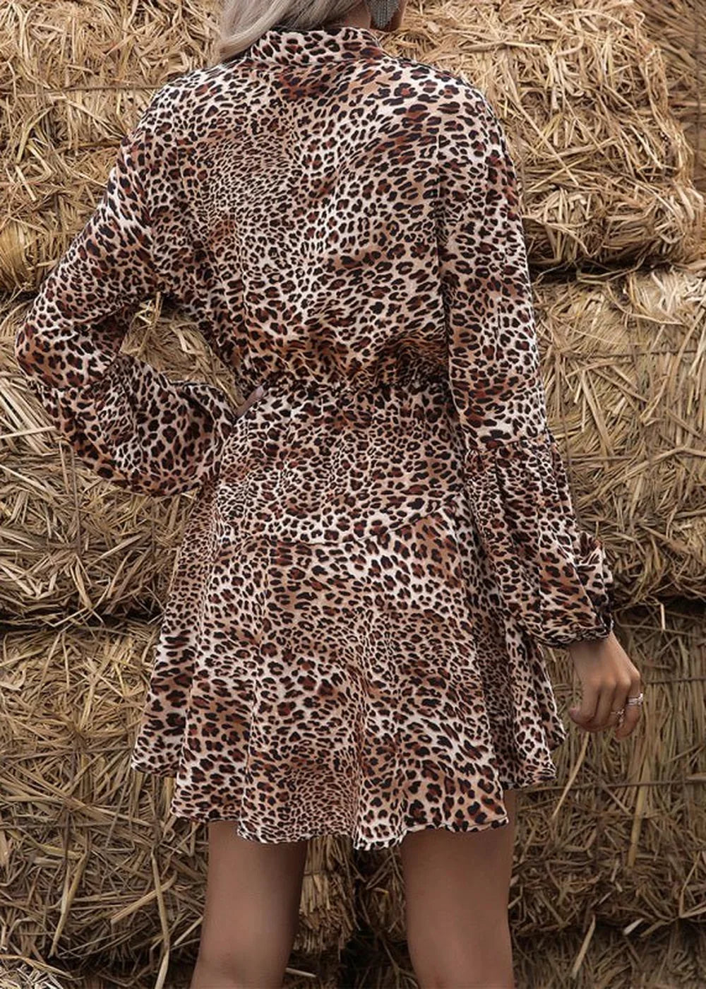 Leopard print dress with long balloon sleeves and a cinched waist, shown from the back.