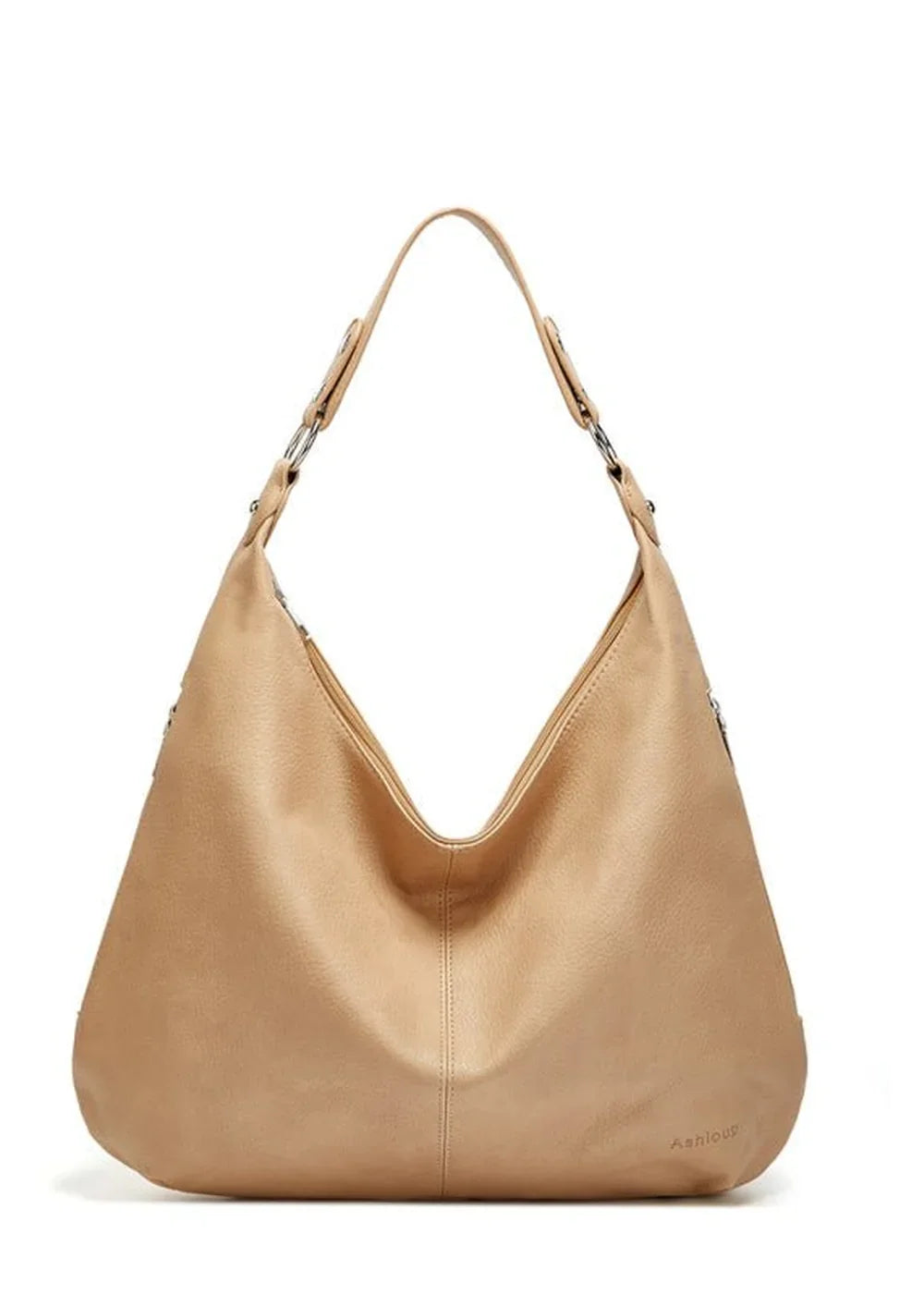 Light tan faux leather hobo bag with silver hardware and a slouchy silhouette.