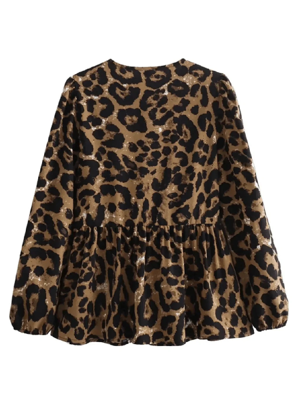 Brown and black leopard print peplum top with long sleeves.