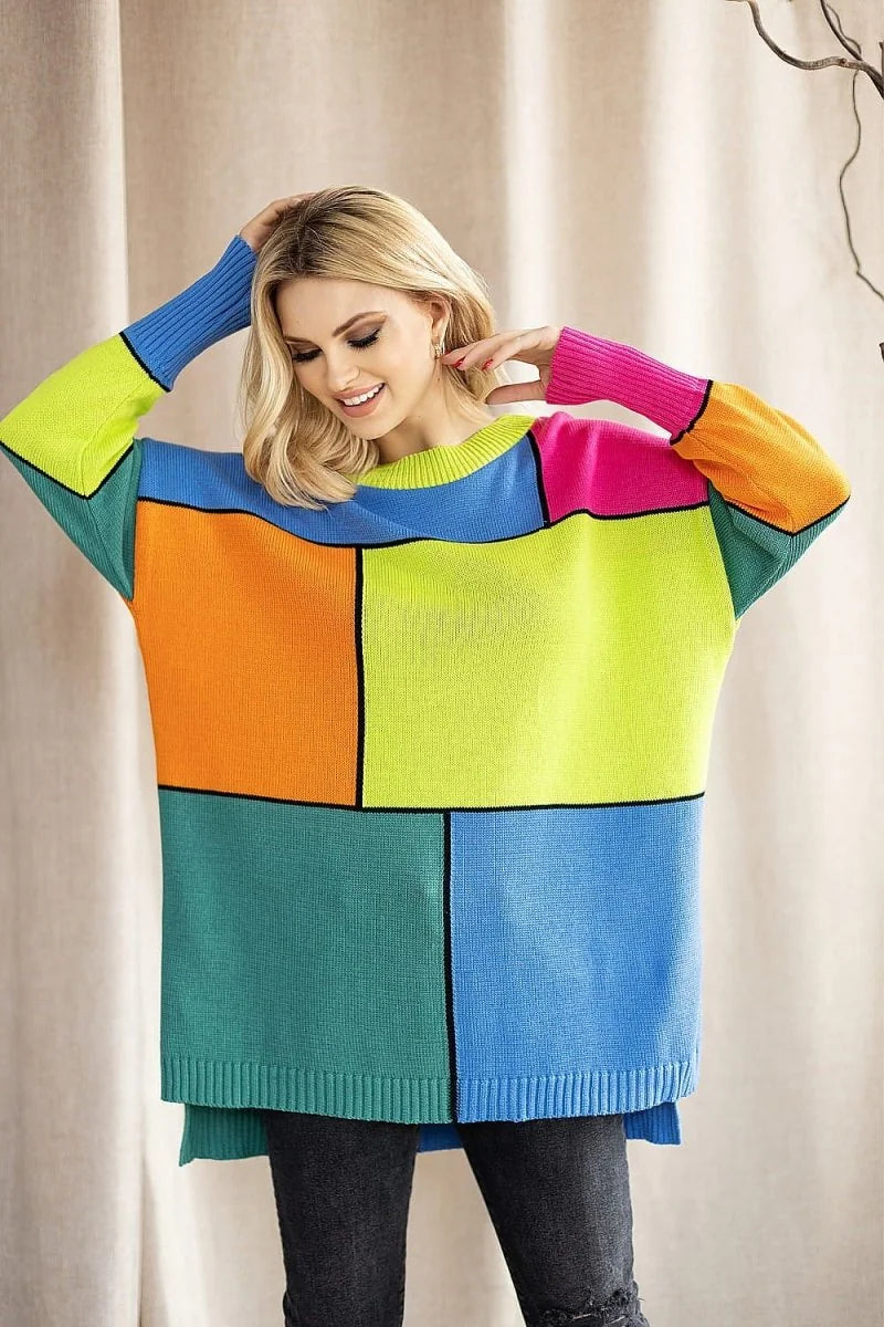 Loose-fitting sweater with color-block pattern in blue, green, yellow, orange, and pink.