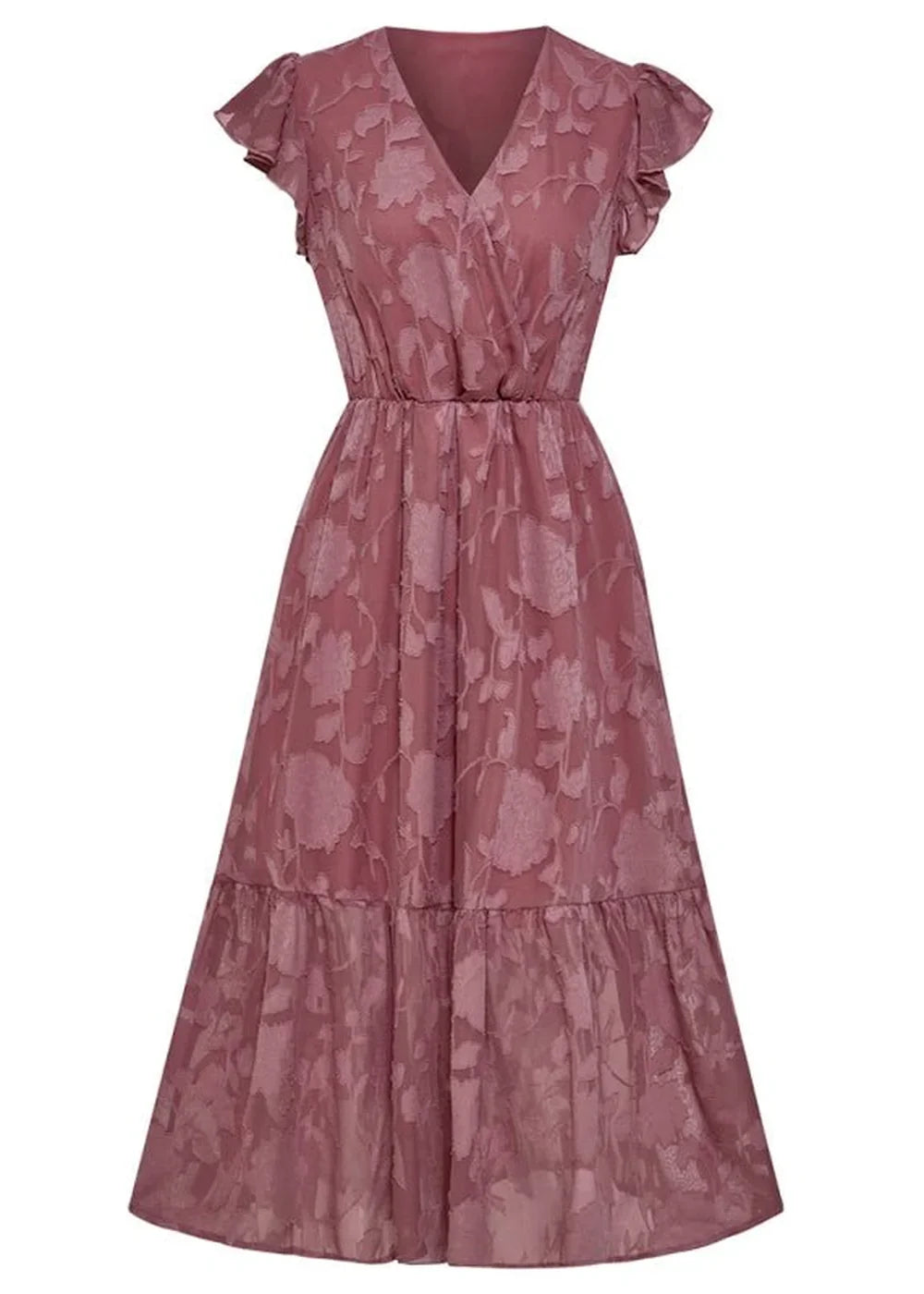 Dusty rose floral print midi dress with V-neck and flutter sleeves, on white background.