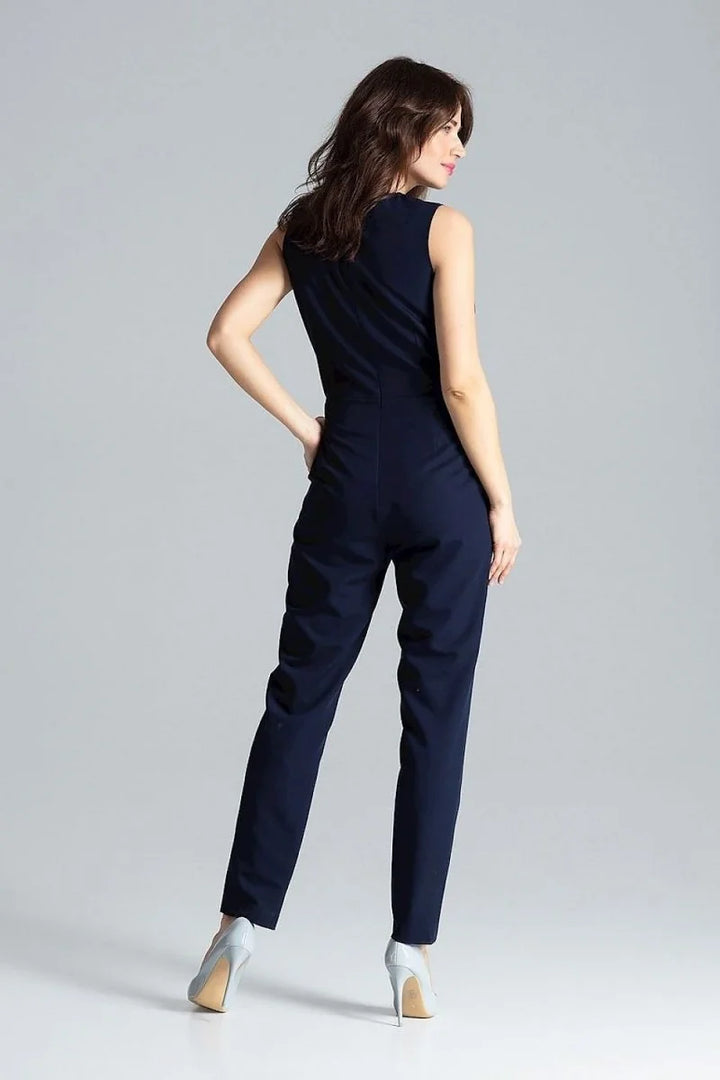 Navy blue sleeveless jumpsuit with a tailored fit, shown from the back.