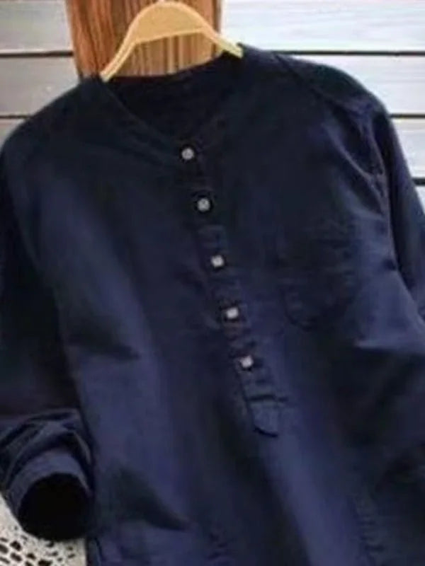 Navy blue casual shirt with a Henley neckline and button placket.