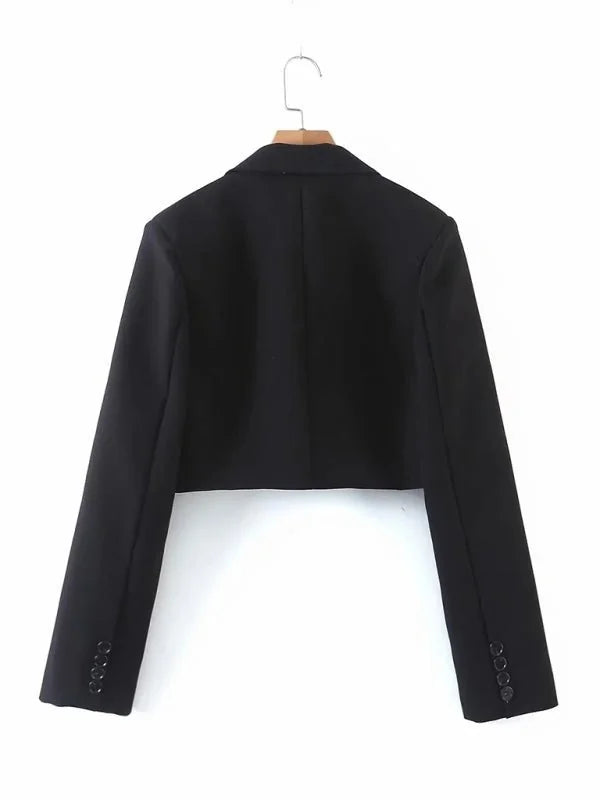 Black cropped blazer with buttoned cuffs, shown from the back.