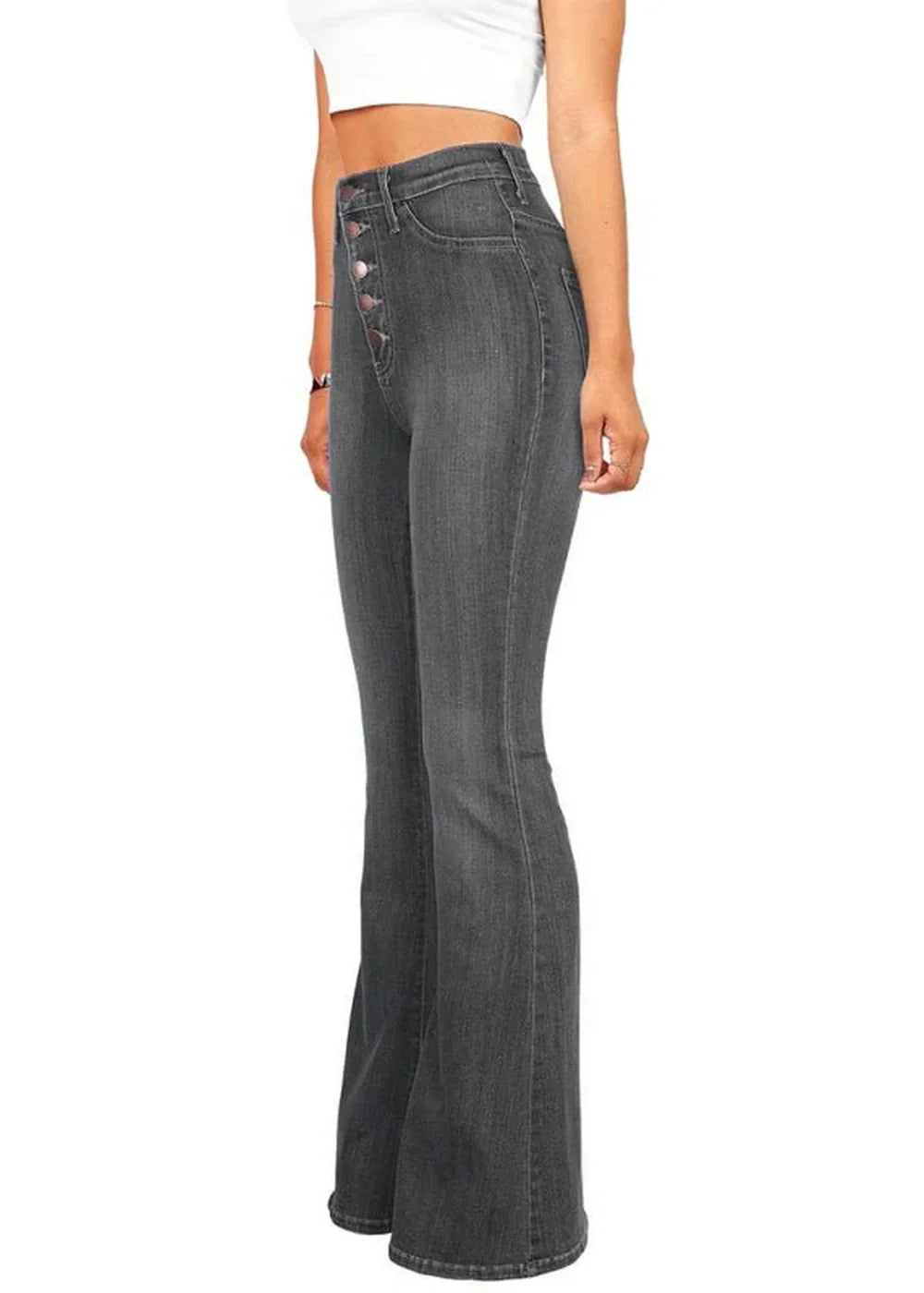 Dark grey high-waisted flare jeans with button-fly closure on model