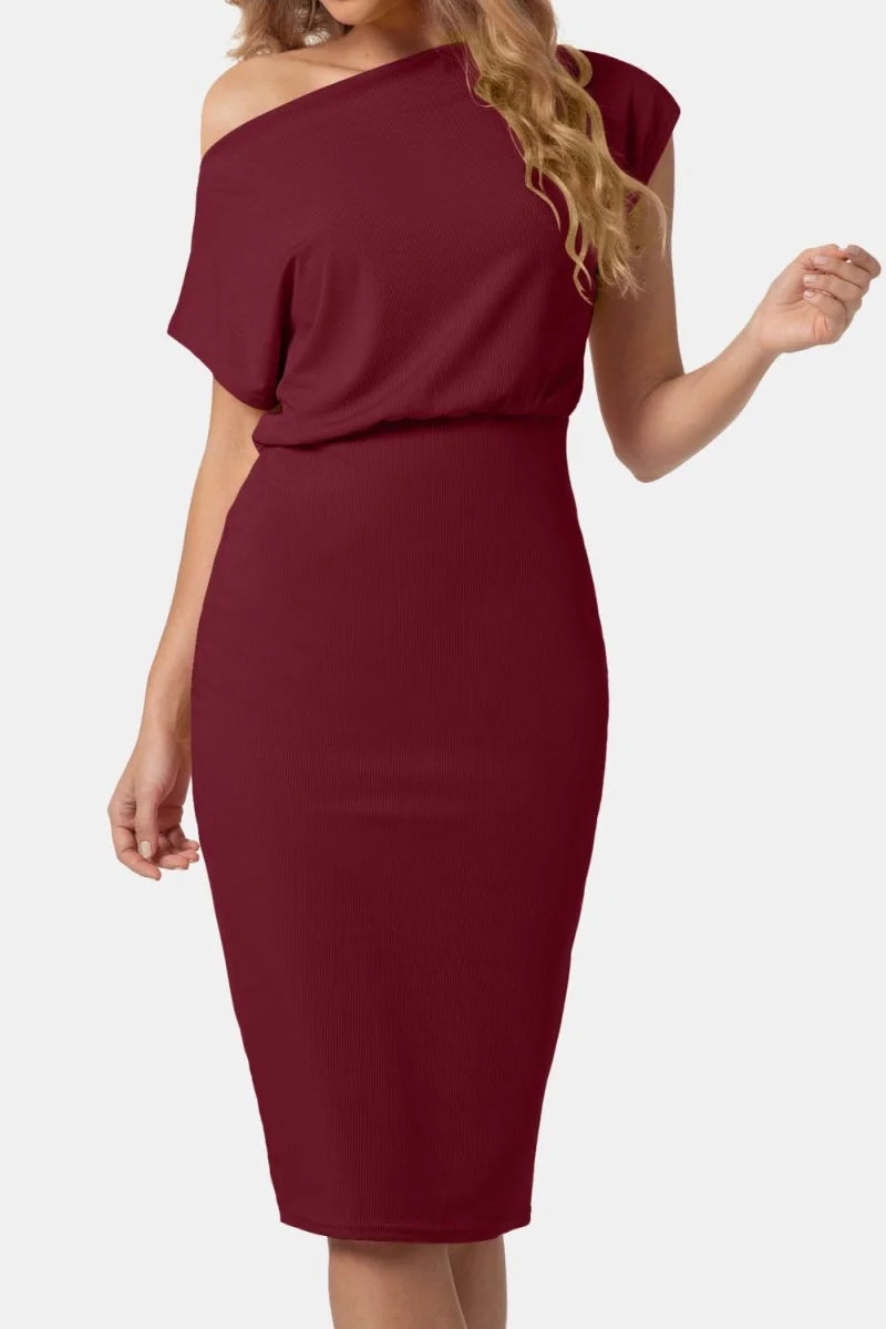 Burgundy one-shoulder midi dress with a ribbed texture and moderate stretch fit.