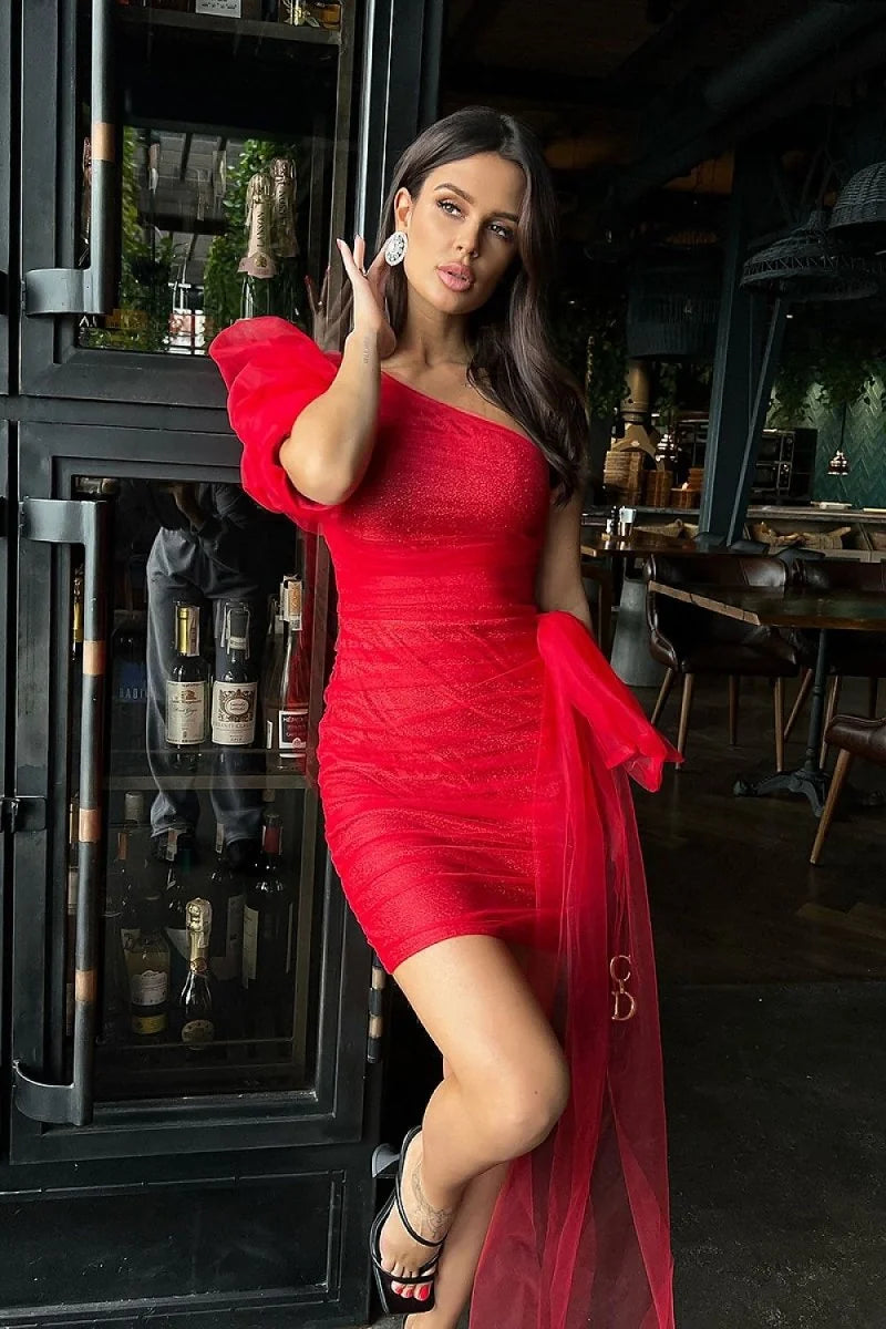 Short One Shoulder Dress with Crinkled Sleeves