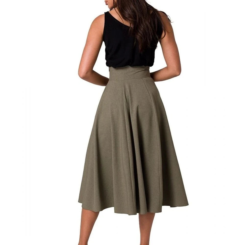 High Waist Flared Midi Skirt with Buttons