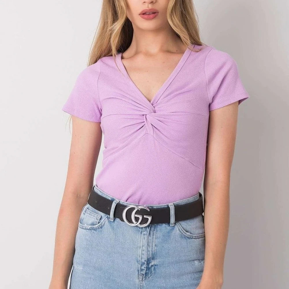Ribbed Knot Blouse with Heart Neckline
