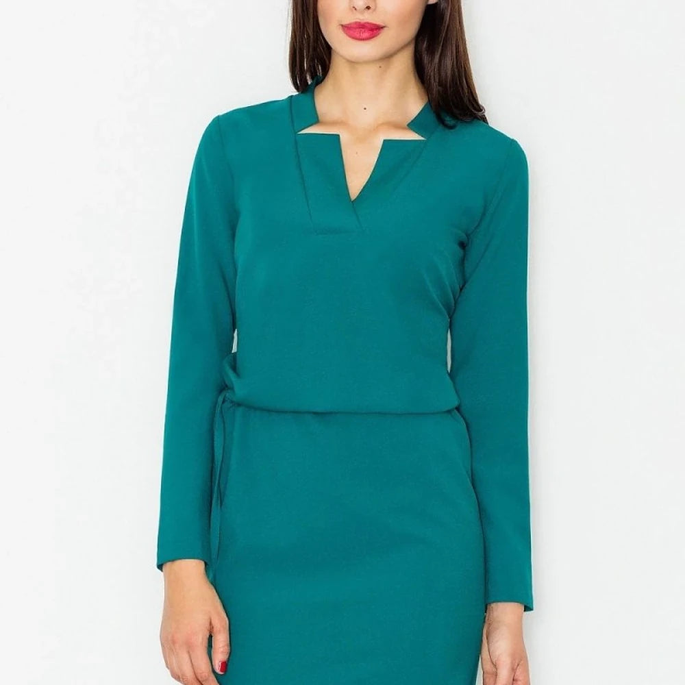 Green Long Sleeve Dress with Waist Tie