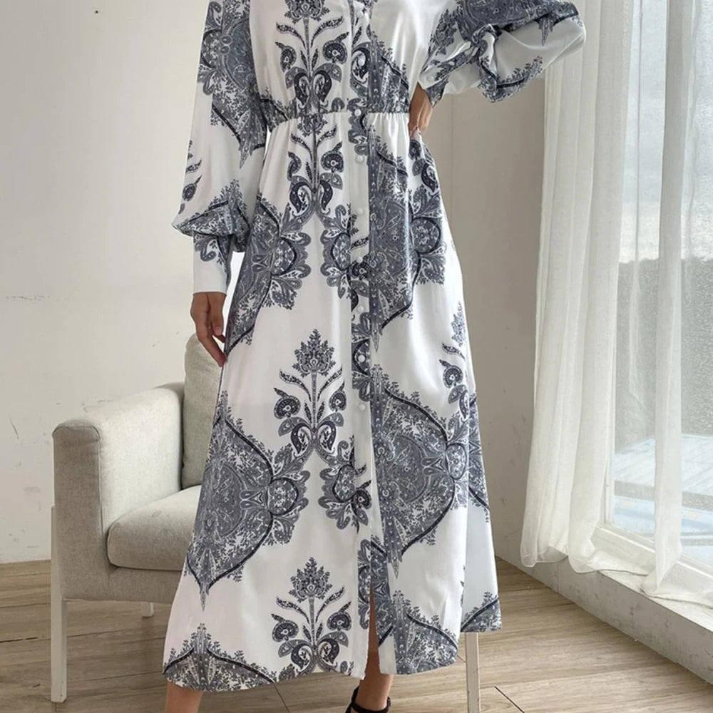 Printed Midi Dress with Lantern Sleeves