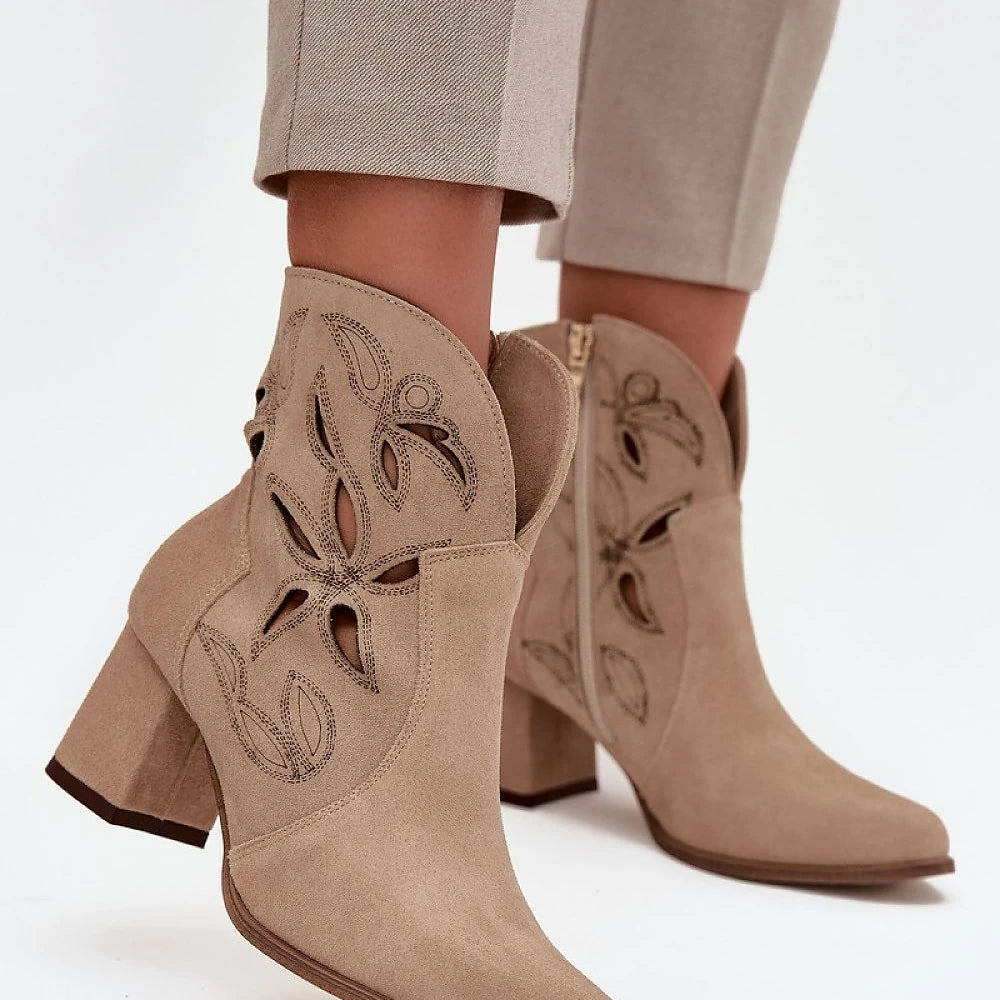 Beige Suede Lattice Ankle Boots