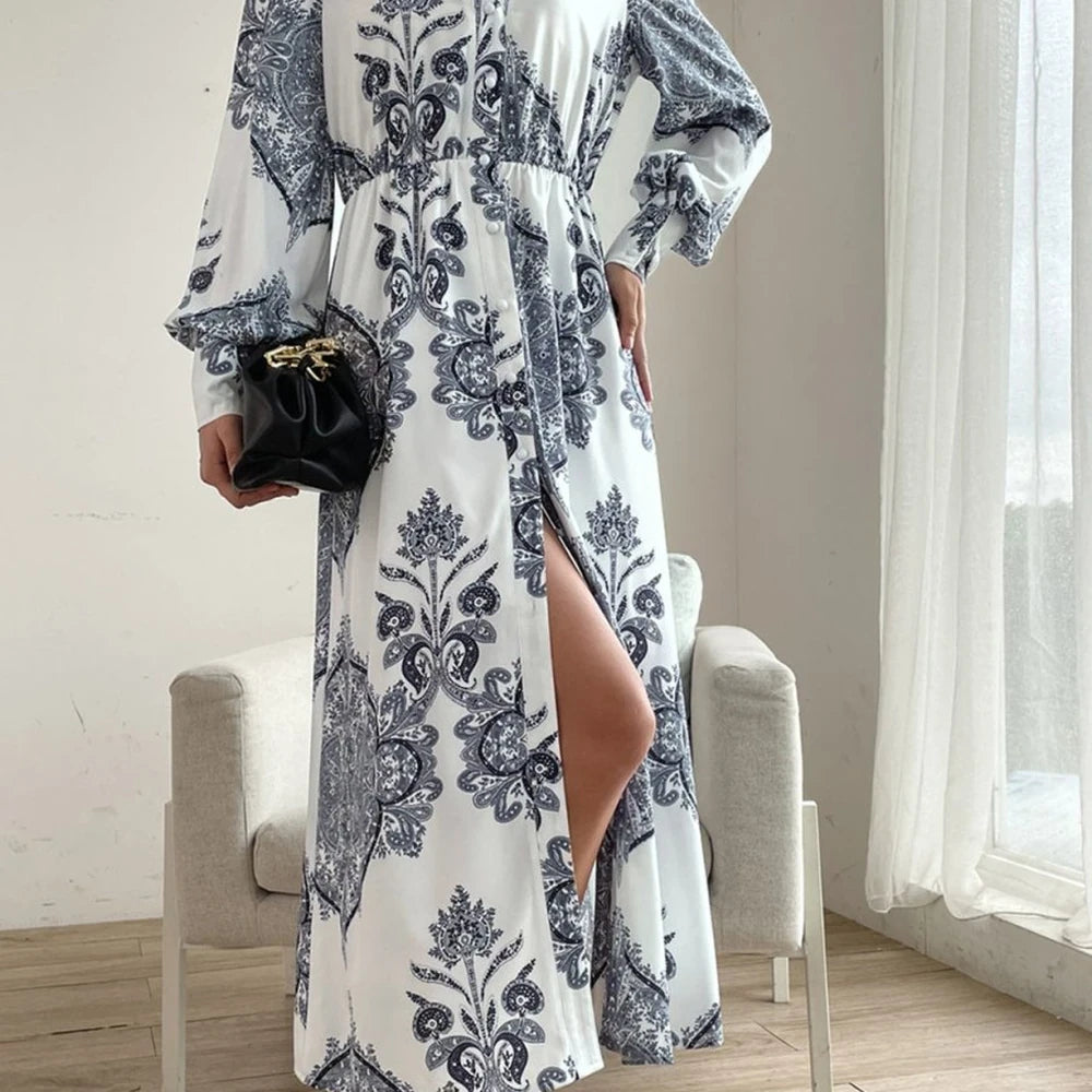 Printed Midi Dress with Lantern Sleeves
