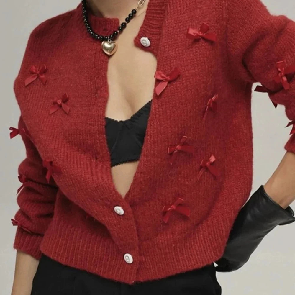 Bow Button Up Long Sleeve Cardigan