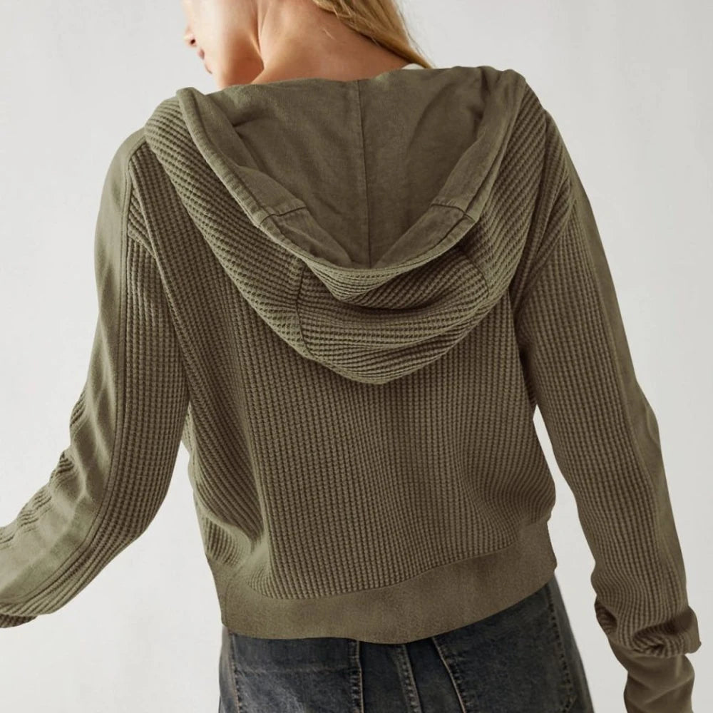 Waffle Knit Hooded Jacket with Dropped Shoulders