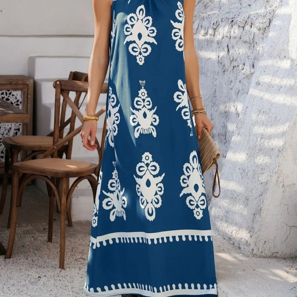 Printed Maxi Dress with Grecian Neck