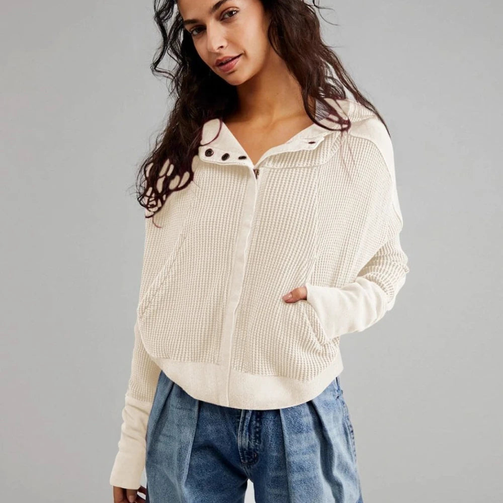 Waffle Knit Hooded Jacket with Dropped Shoulders