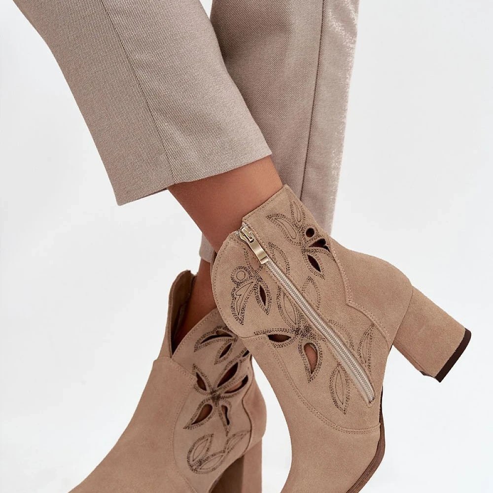 Beige Suede Lattice Ankle Boots
