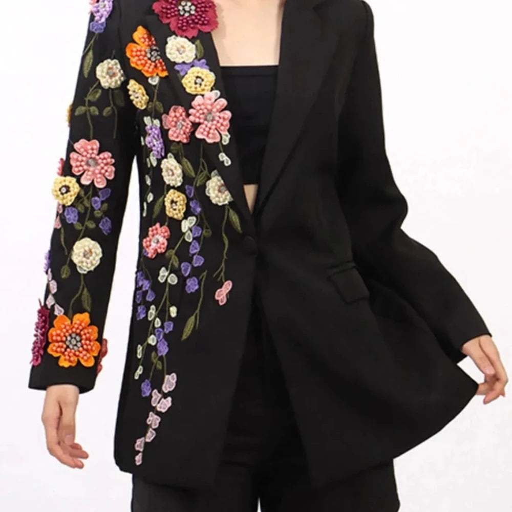 Pearl Detail Blazer with Flower Lapel