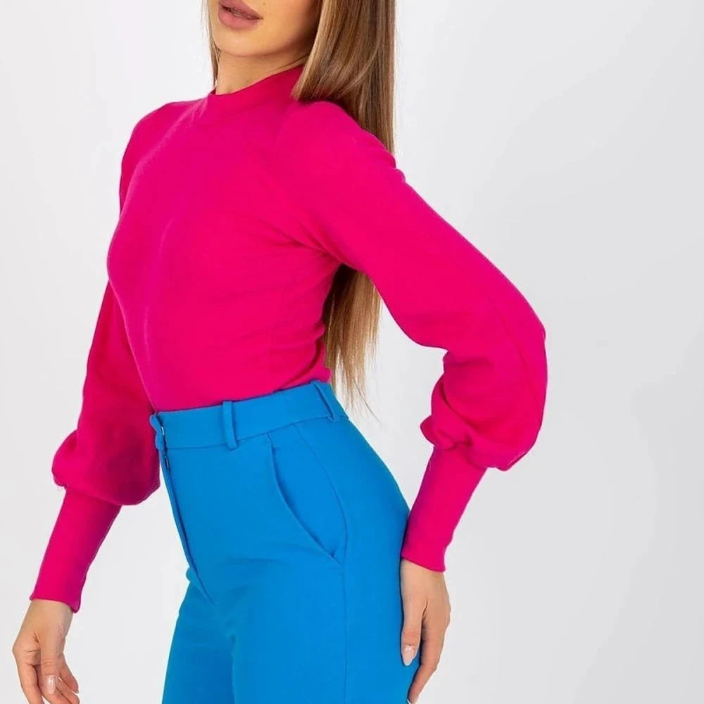 Ribbed Blouse with Long Sleeves and Wide Cuffs