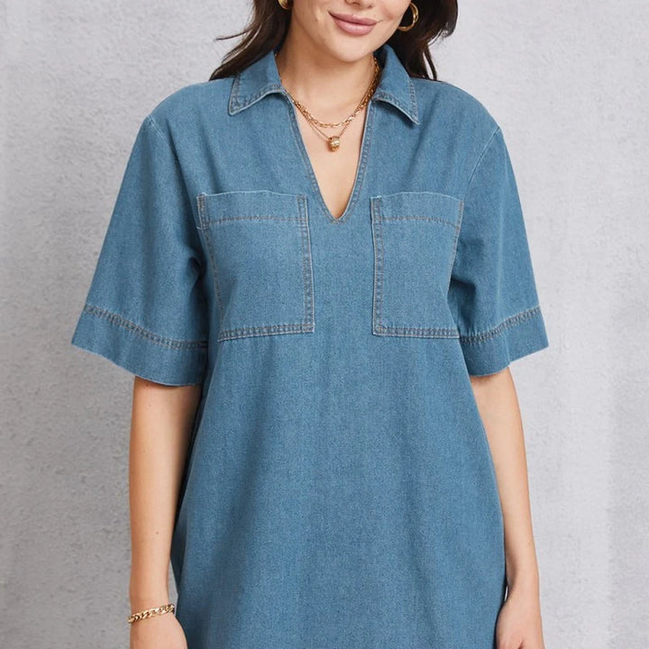 Denim Pocketed Mini Dress with Collar