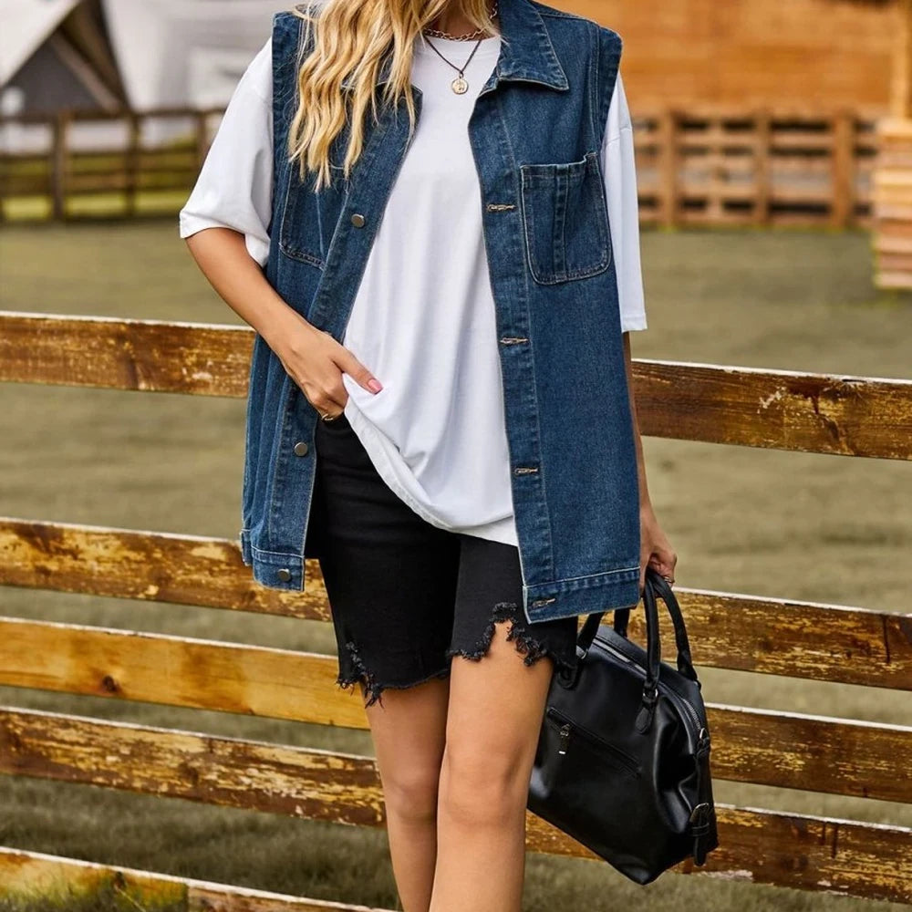 Sleeveless Collared Denim Vest