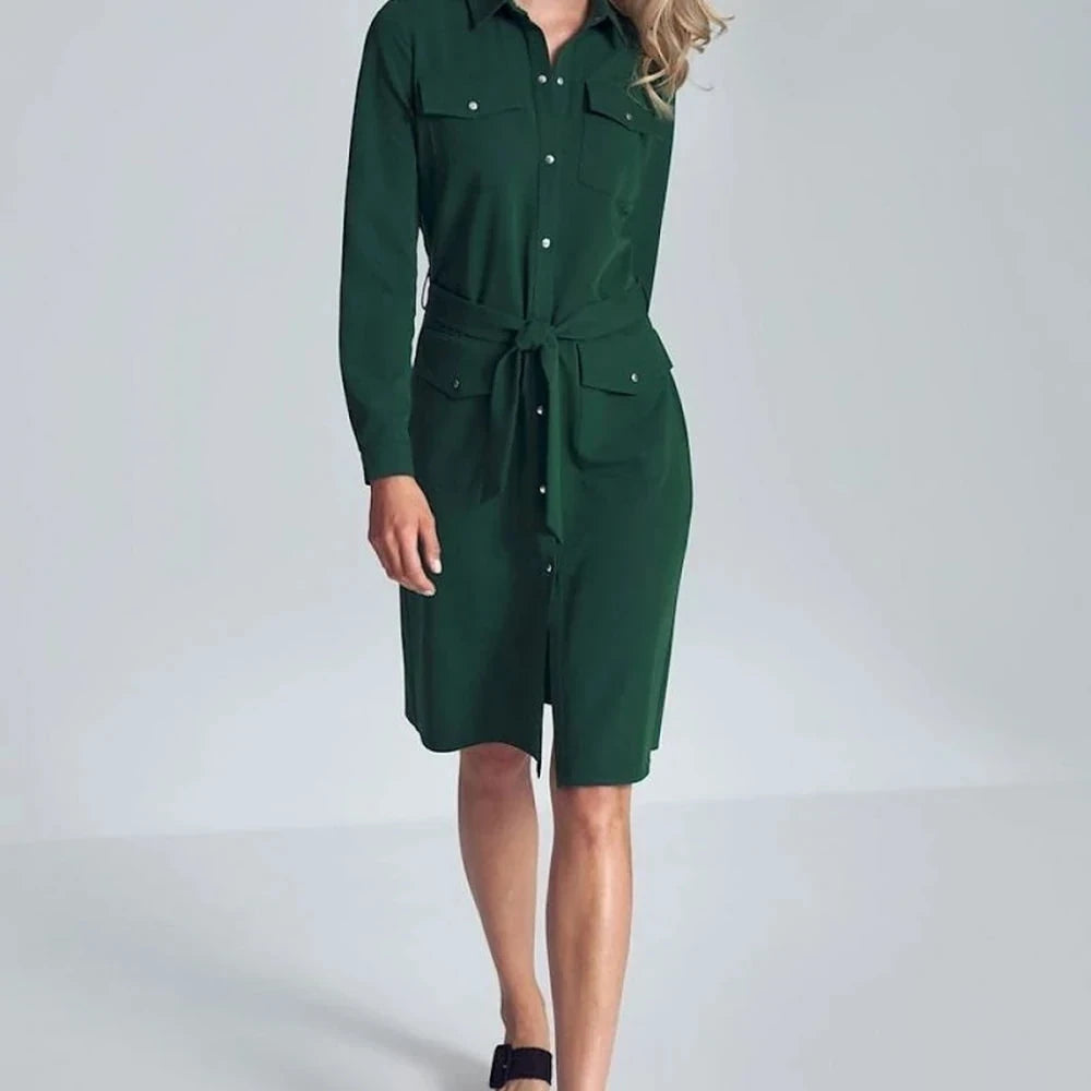 Black Midi Shirt Dress with Belt
