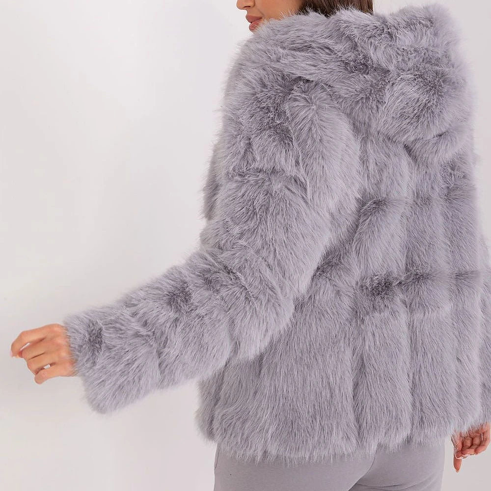 Women's Fur Hooded Jacket with Hook-and-Loop Closure